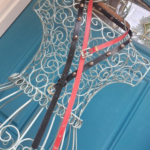 2 Belts Genuine Leather Thin Studded with Spikes Metal Studs Grommets Rivet BOGO - Picture 14 of 16